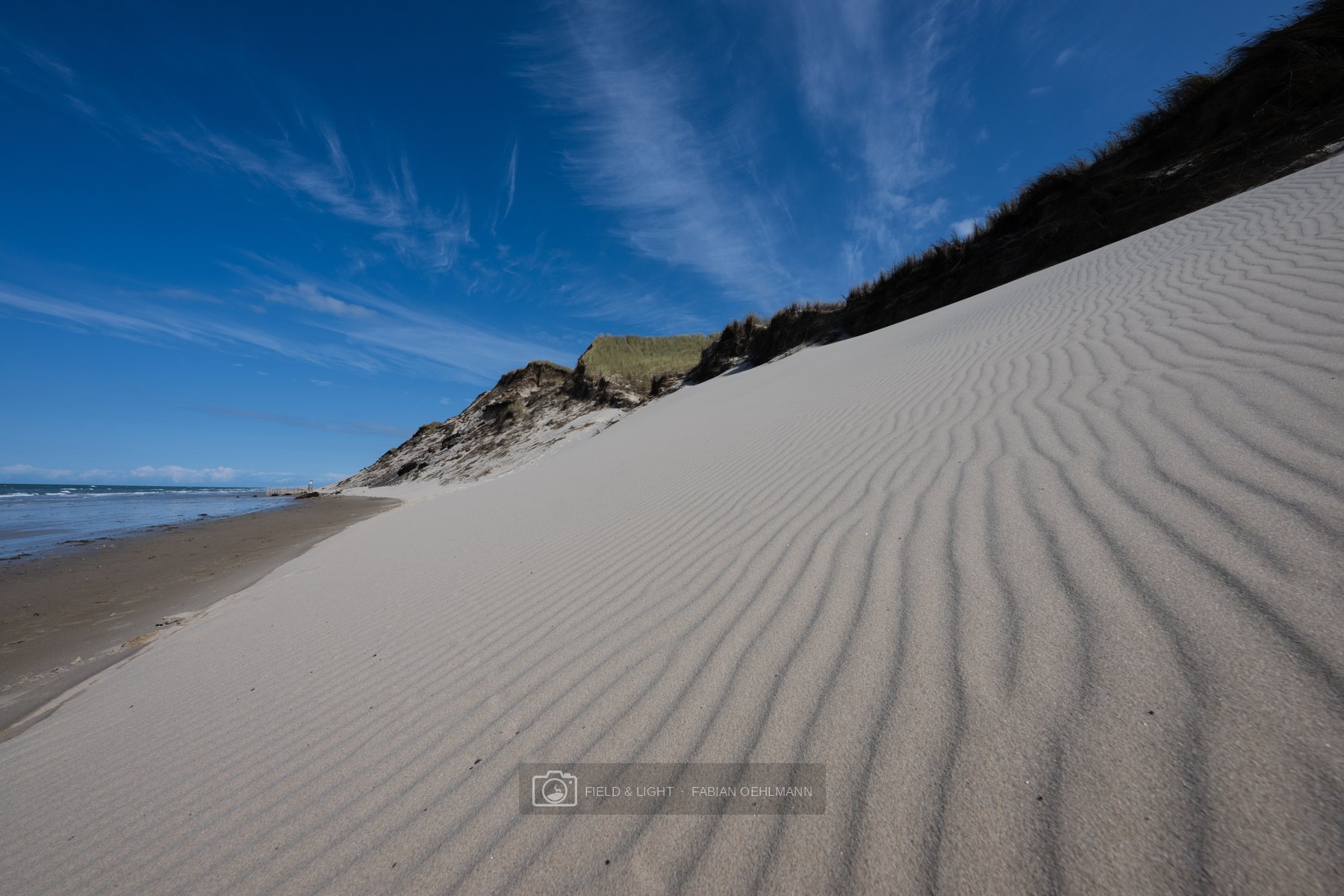 Wind-shaped lines across a steep dune beside the North Sea at Kandestederne